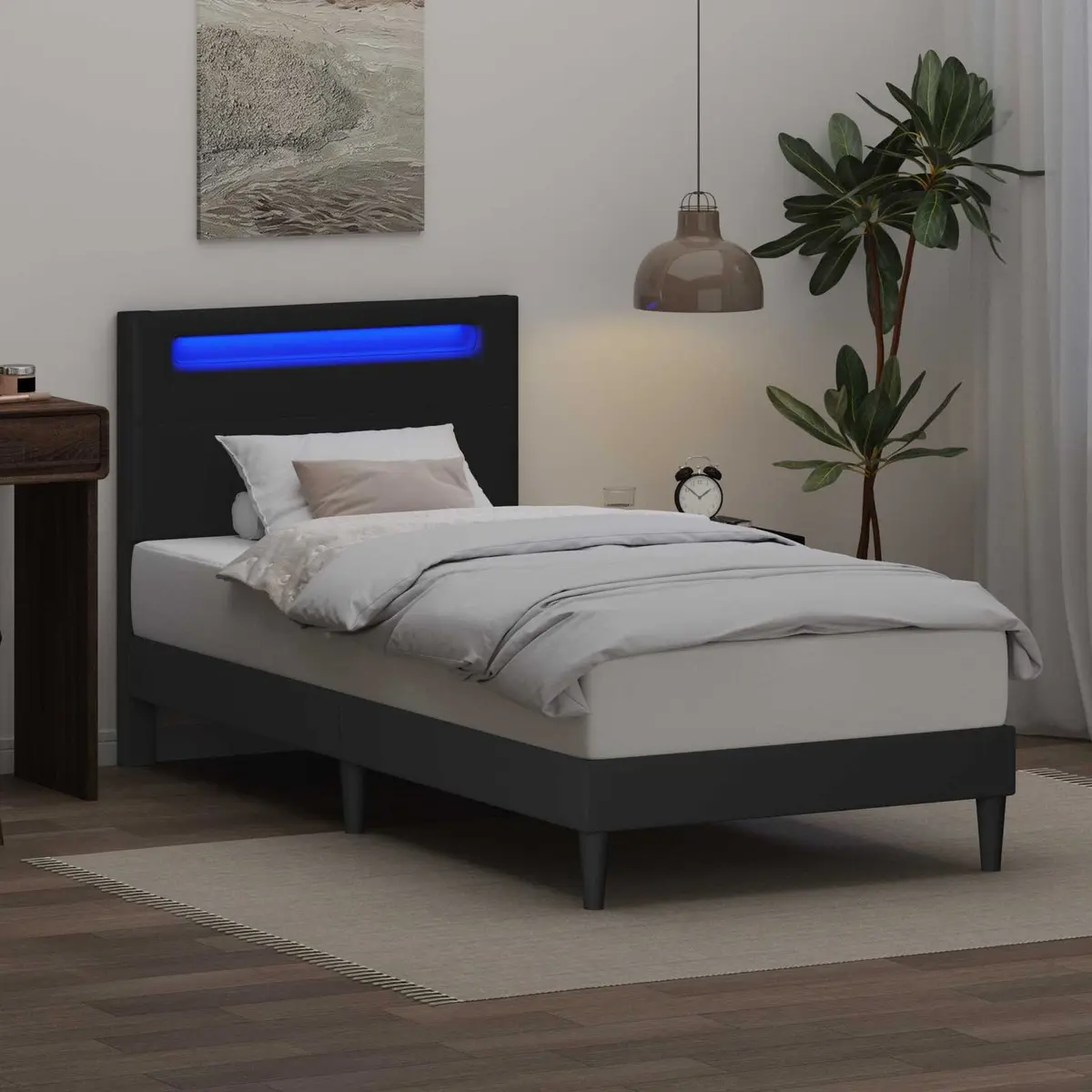 Black Bed Frame Modern Faux Leather with Integrated LED Strip Lights 107 x 203 cm