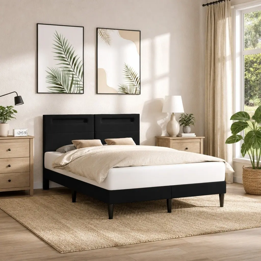 Black Bed Frame with LED Strip Lights USB Powered Modern 137 x 190 cm