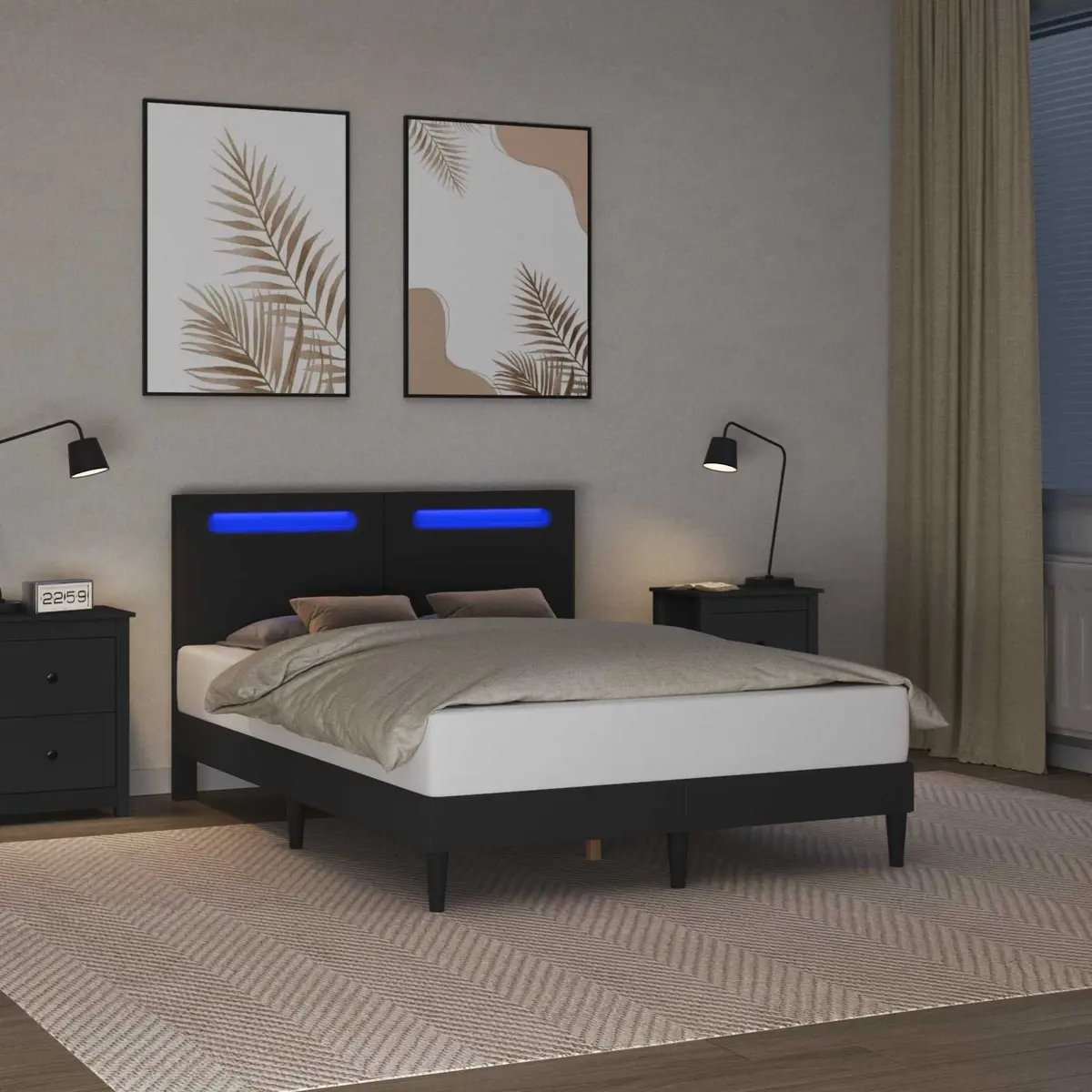 Black Bed Frame with LED Strip Lights USB Powered Modern 137 x 190 cm