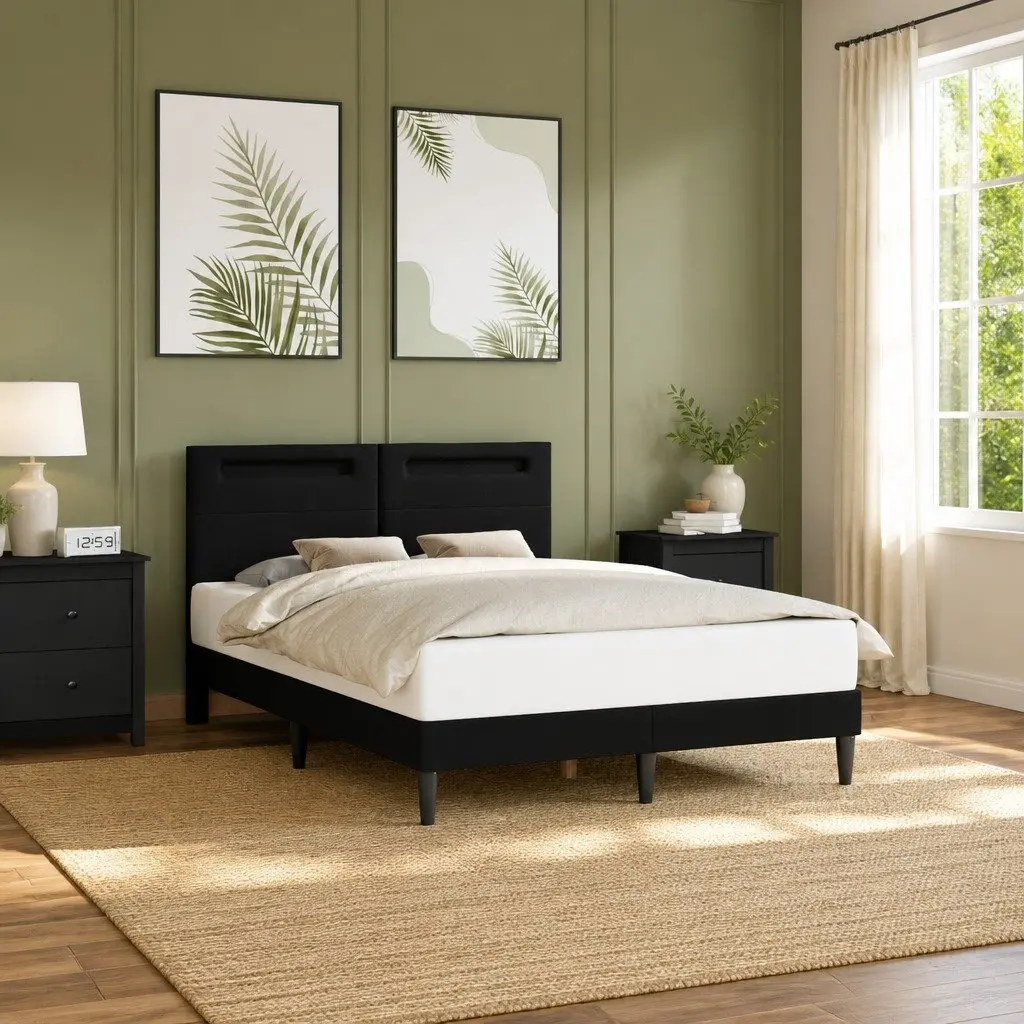 Black Bed Frame with LED Strip Lights USB Powered Modern Faux Leather 153 x 203 cm