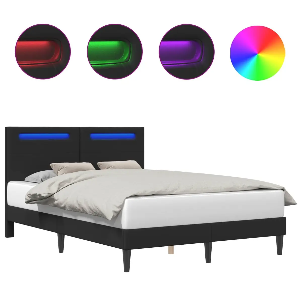 Black Bed Frame with LED Strip Lights USB Powered Modern Faux Leather 153 x 203 cm