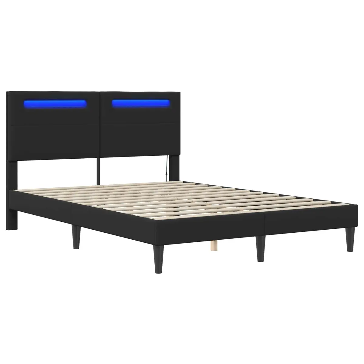 Black Bed Frame with LED Strip Lights USB Powered Modern Faux Leather 153 x 203 cm