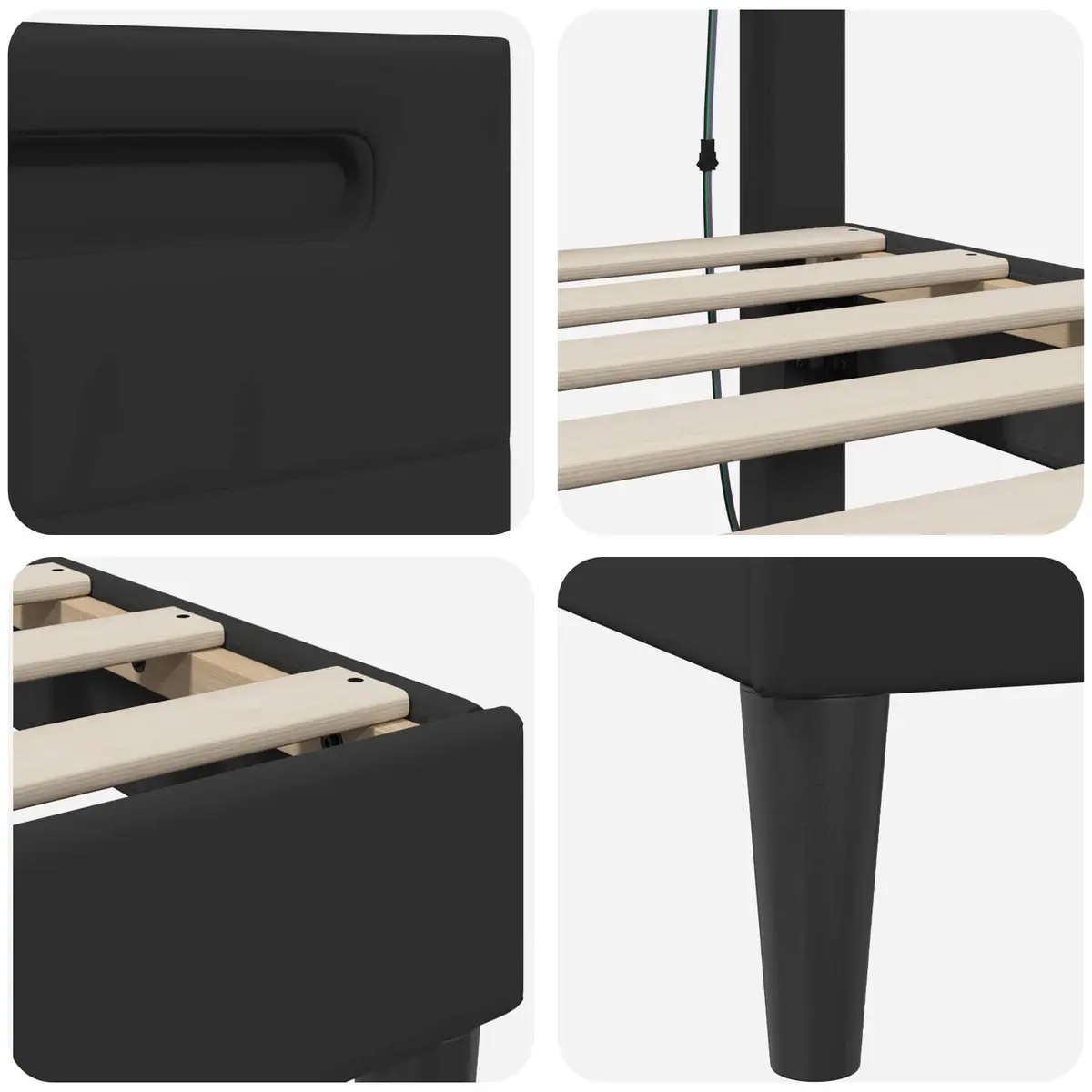 Black Bed Frame with LED Strip Lights USB Powered Modern Faux Leather 153 x 203 cm
