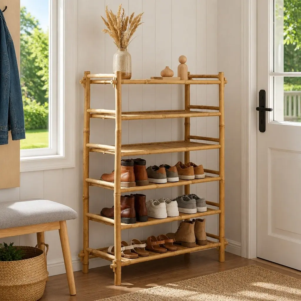 6-Tier Bamboo Shoe Rack Natural Brown Rectangular Storage Organiser