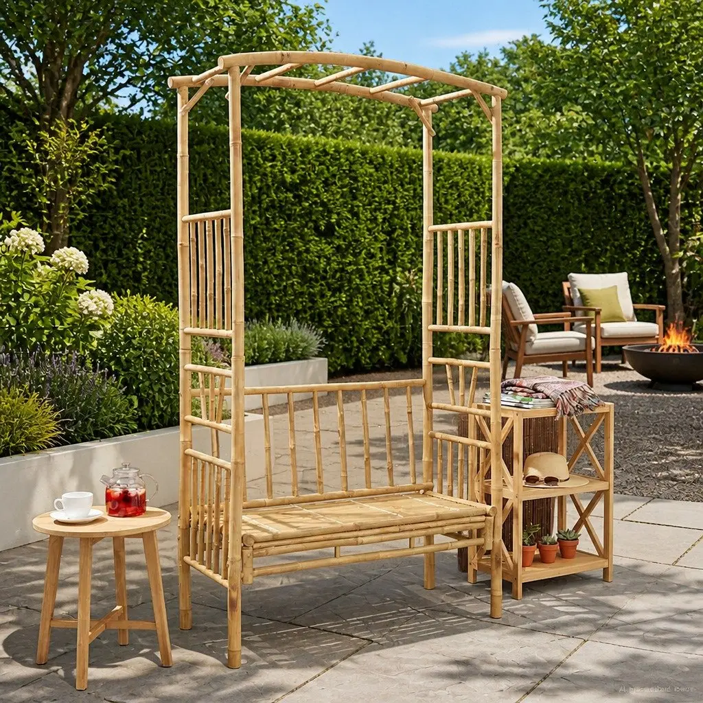 Garden Arch with Bench Bamboo Outdoor Structure Modern Design Patio Backyard