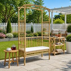 Garden Arch with Bench Bamboo Outdoor Structure Modern Design 115x50x205cm
