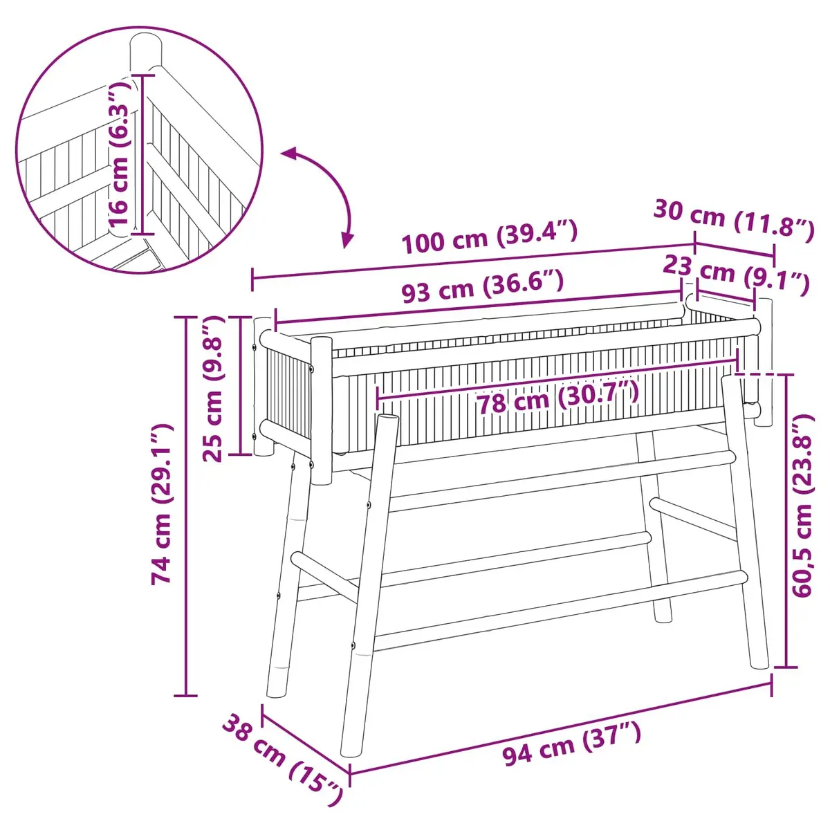 Garden Planter with Holder Bamboo Outdoor Patio Balcony 100 x 38 x 74 cm Brown