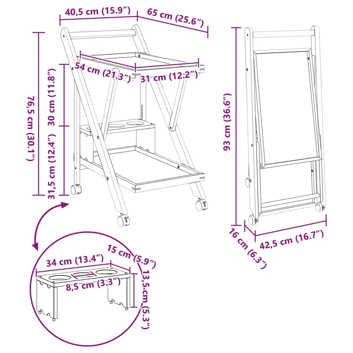 Kitchen Trolley Foldable Two-Tier Storage Bamboo 65 x 40.5 x 76.5 cm