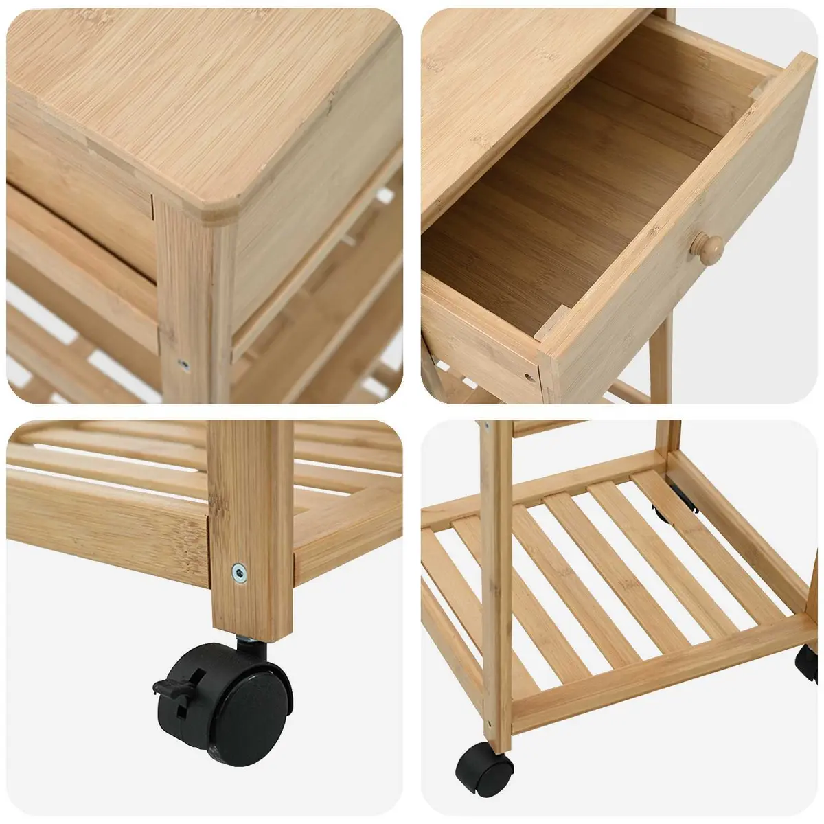 Bamboo Kitchen Trolley Rolling Storage Cart 3 Tier 37 x 36 x 80 cm