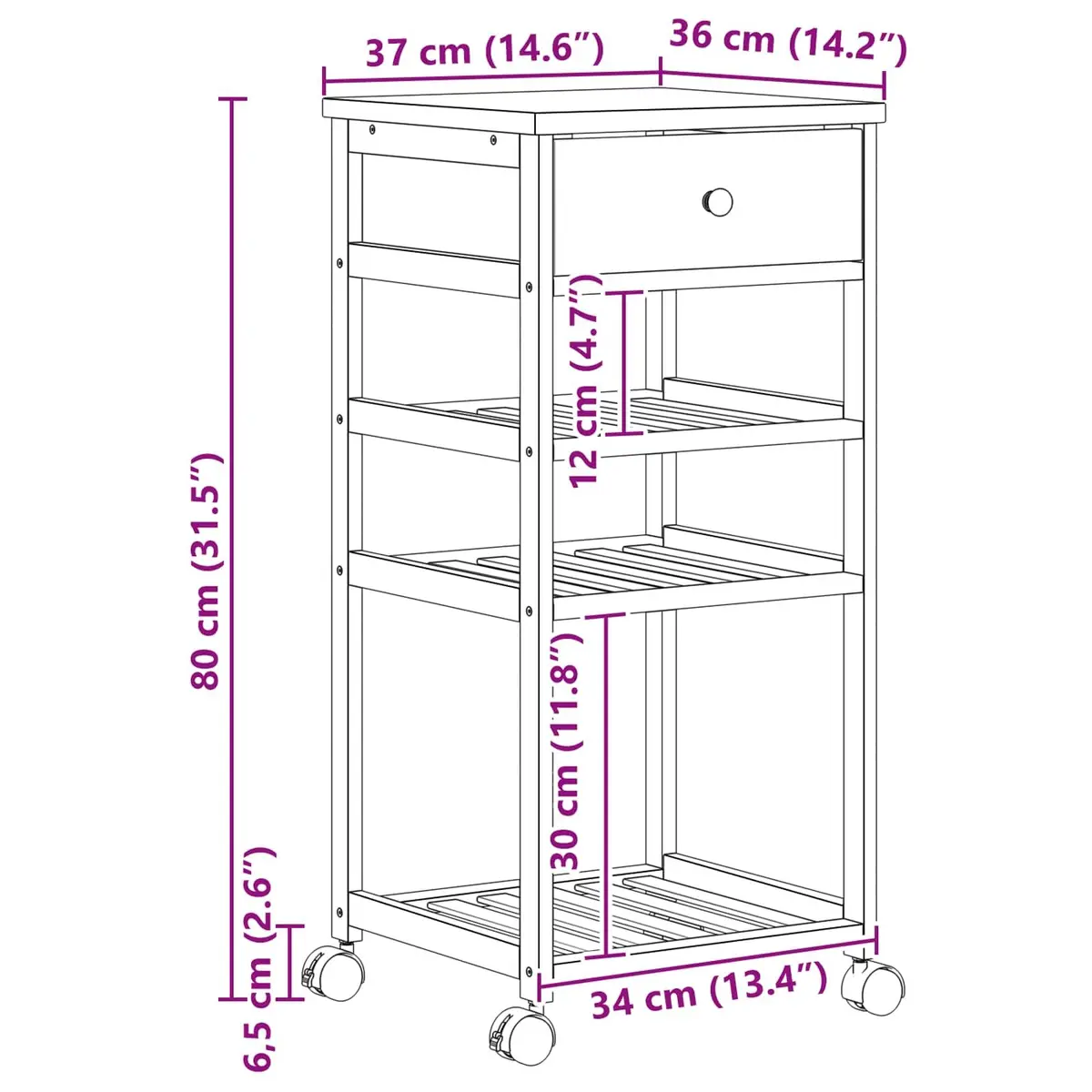 Bamboo Kitchen Trolley Rolling Storage Cart 3 Tier 37 x 36 x 80 cm