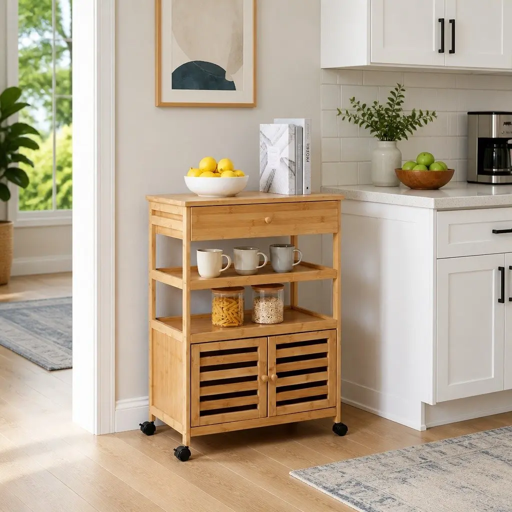 Kitchen Trolley with Wheels Bamboo Storage Cart Dining Room Prep Station