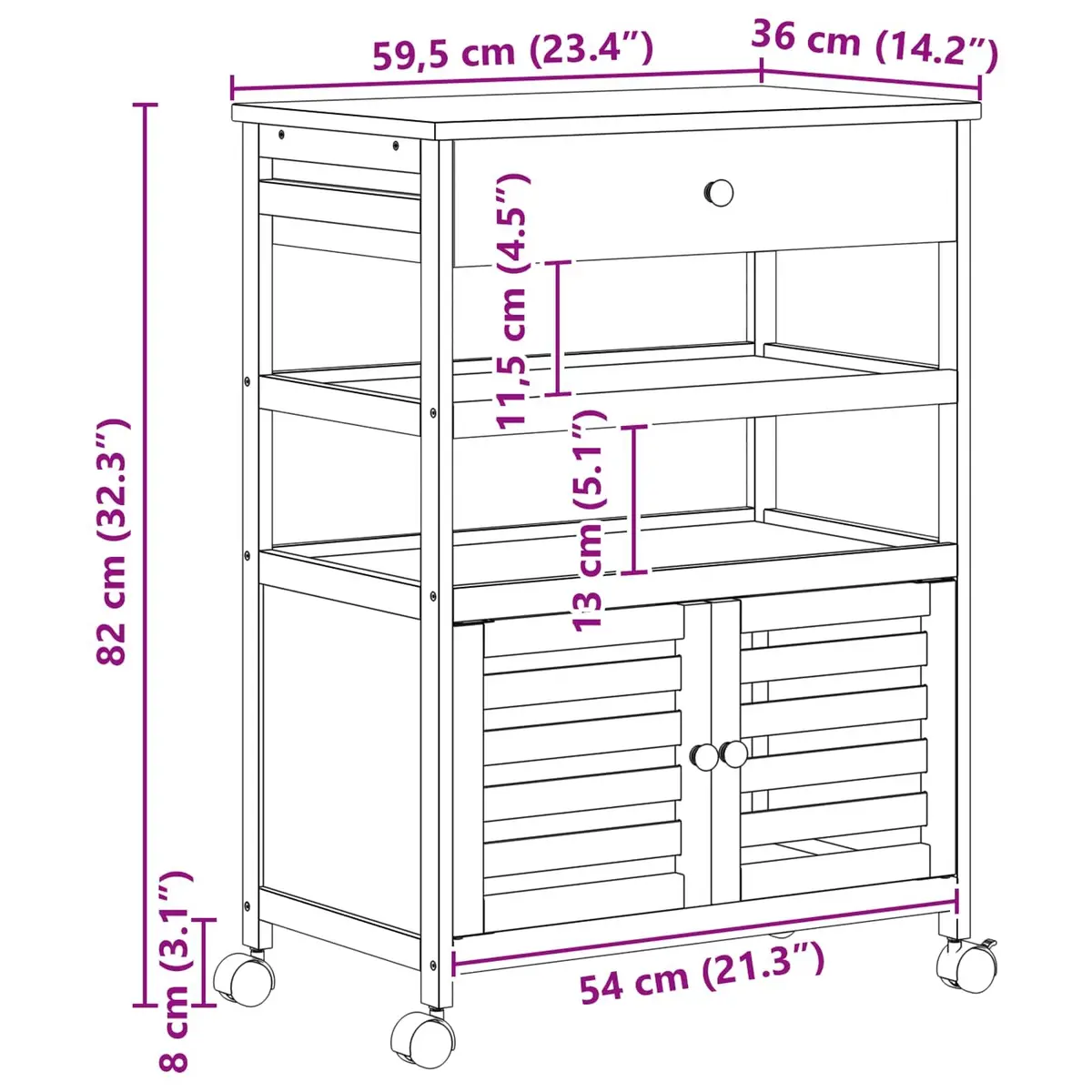 Kitchen Trolley with Wheels Bamboo Storage Cart Dining Room Prep Station