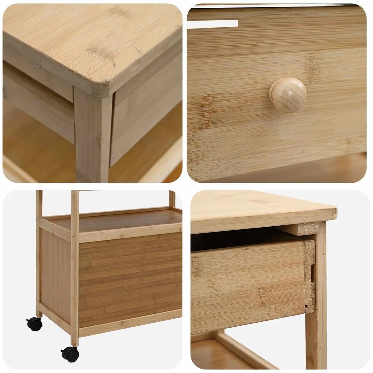 Kitchen Trolley with Wheels Bamboo Storage Cart Dining Room Prep Station