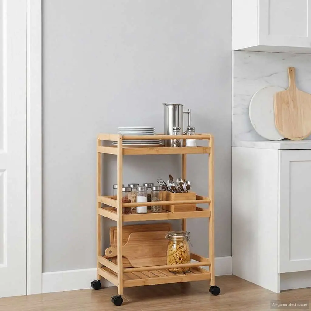 Kitchen Trolley with Wheels 46x38x76cm Three Tier Storage Bamboo Brown