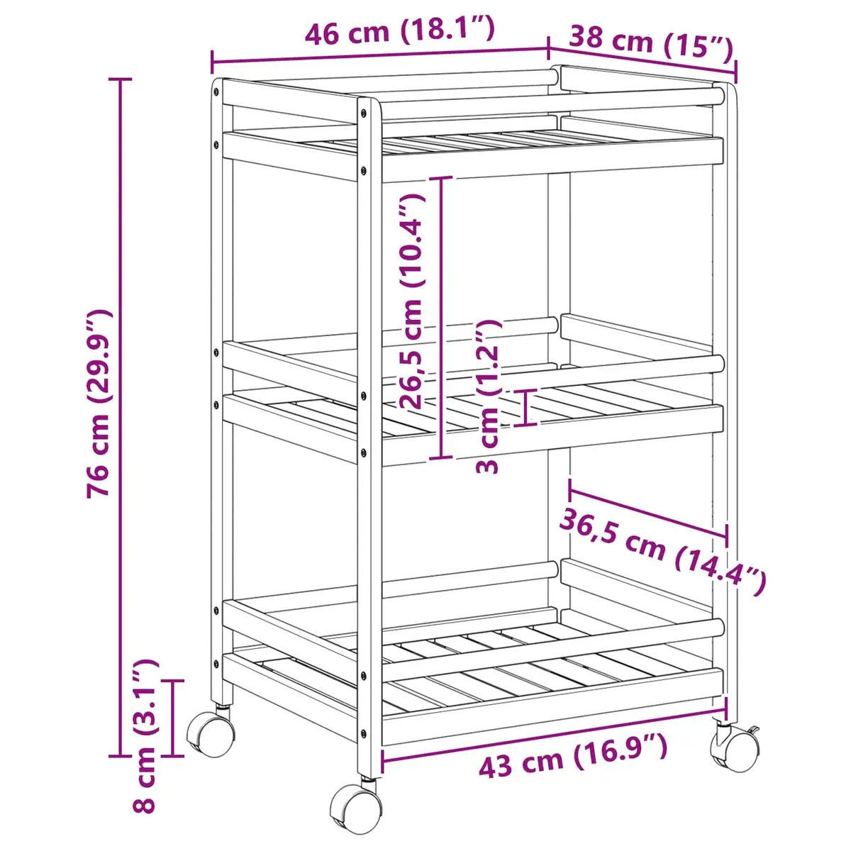 Kitchen Trolley with Wheels 46x38x76cm Three Tier Storage Bamboo Brown
