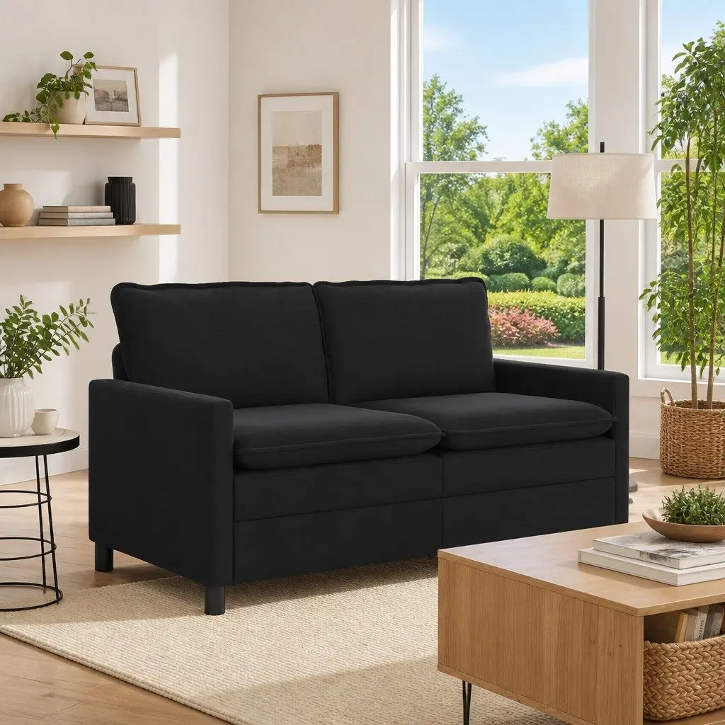 Black Velvet Sofa Modern Rectangular Couch 156 x 81 x 87.5 cm