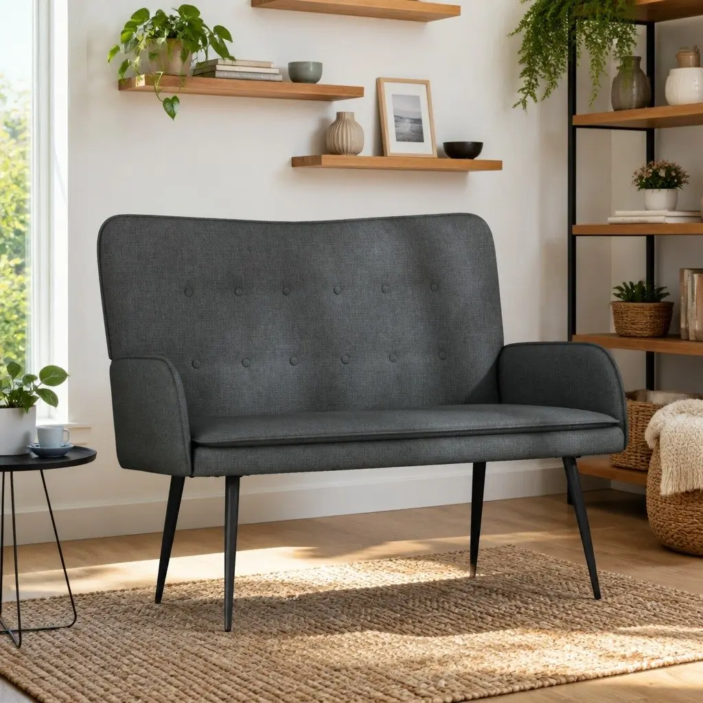 2-Seater Sofa Grey Fabric Button-Tufted Armrest Compact Living Room Couch