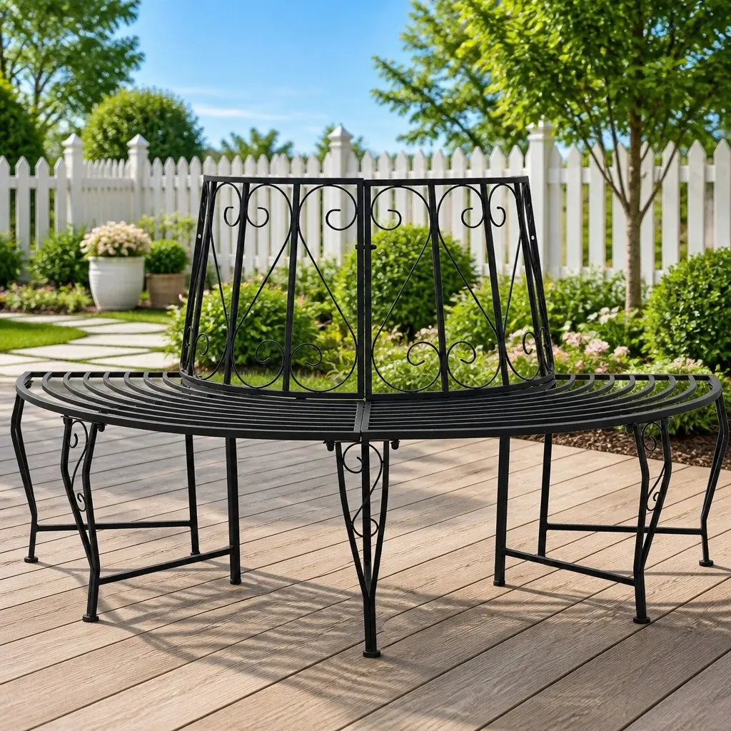 Outdoor Tree Bench Half-Round Black Steel 4-Seater Garden Furniture