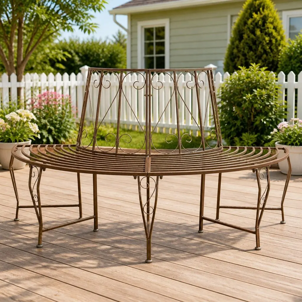 Outdoor Tree Bench 4-Seater Garden Furniture Steel Frame Backyard Wraparound