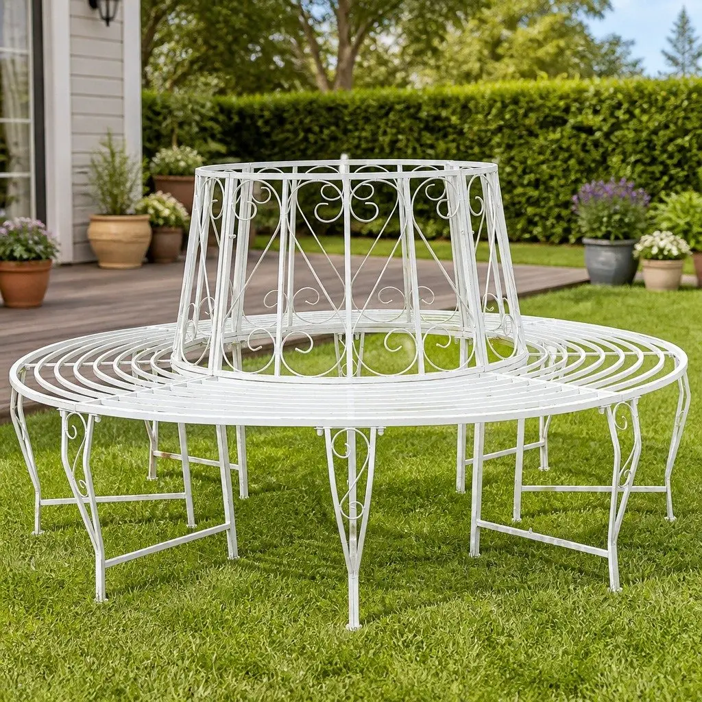 Round Steel Tree Bench 8-Seater Outdoor Seating Antique White Ø160cm