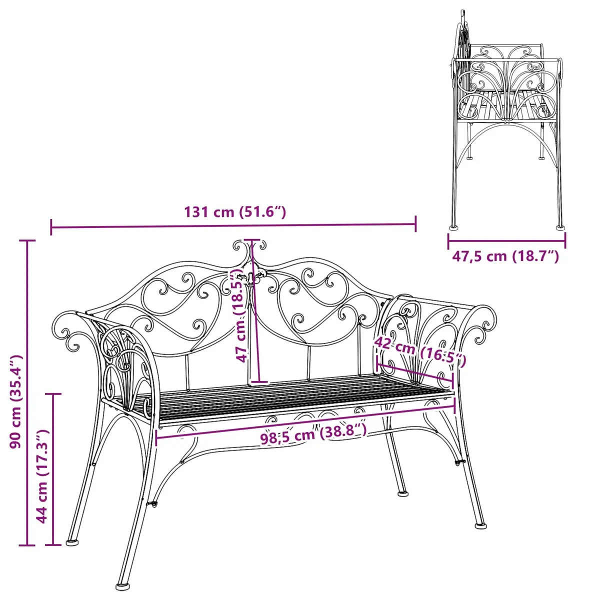 Garden Bench 2-Seater Outdoor Seating Steel Silver Grey 130cm Backyard Furniture