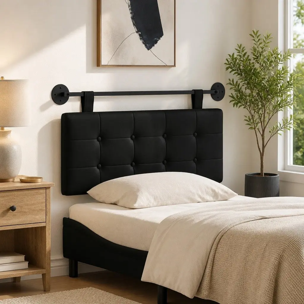 Hanging Headboard Black Modern Wall-Mounted Bedroom Backrest Padded Upholstery