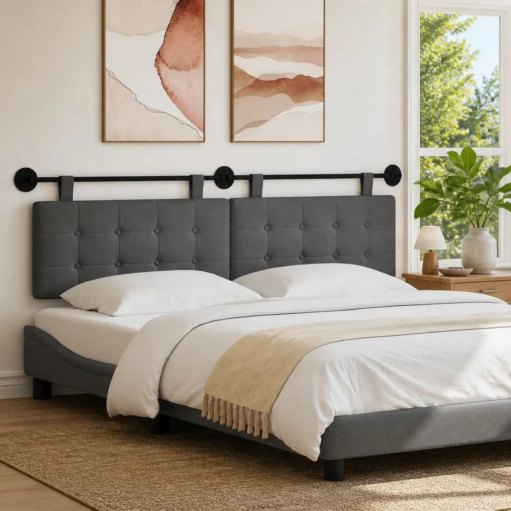Hanging Headboard Grey Fabric Wall Mount Bedroom Upholstered Modern Decor