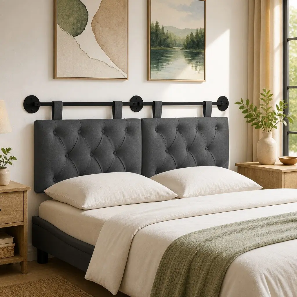 Hanging Headboard Wall-Mounted Button-Tufted Grey Fabric