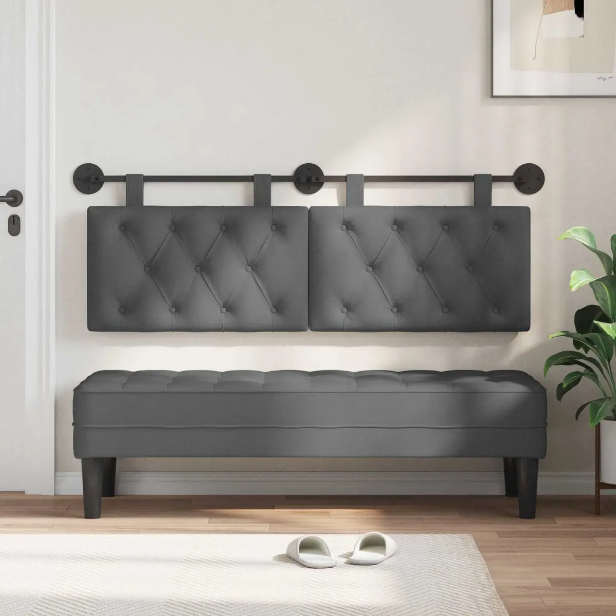 Hanging Headboard Wall-Mounted Button-Tufted Grey Fabric