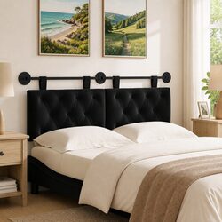 Hanging Headboard LED Light Black Velvet Button Tufted Modern Wall Bedroom