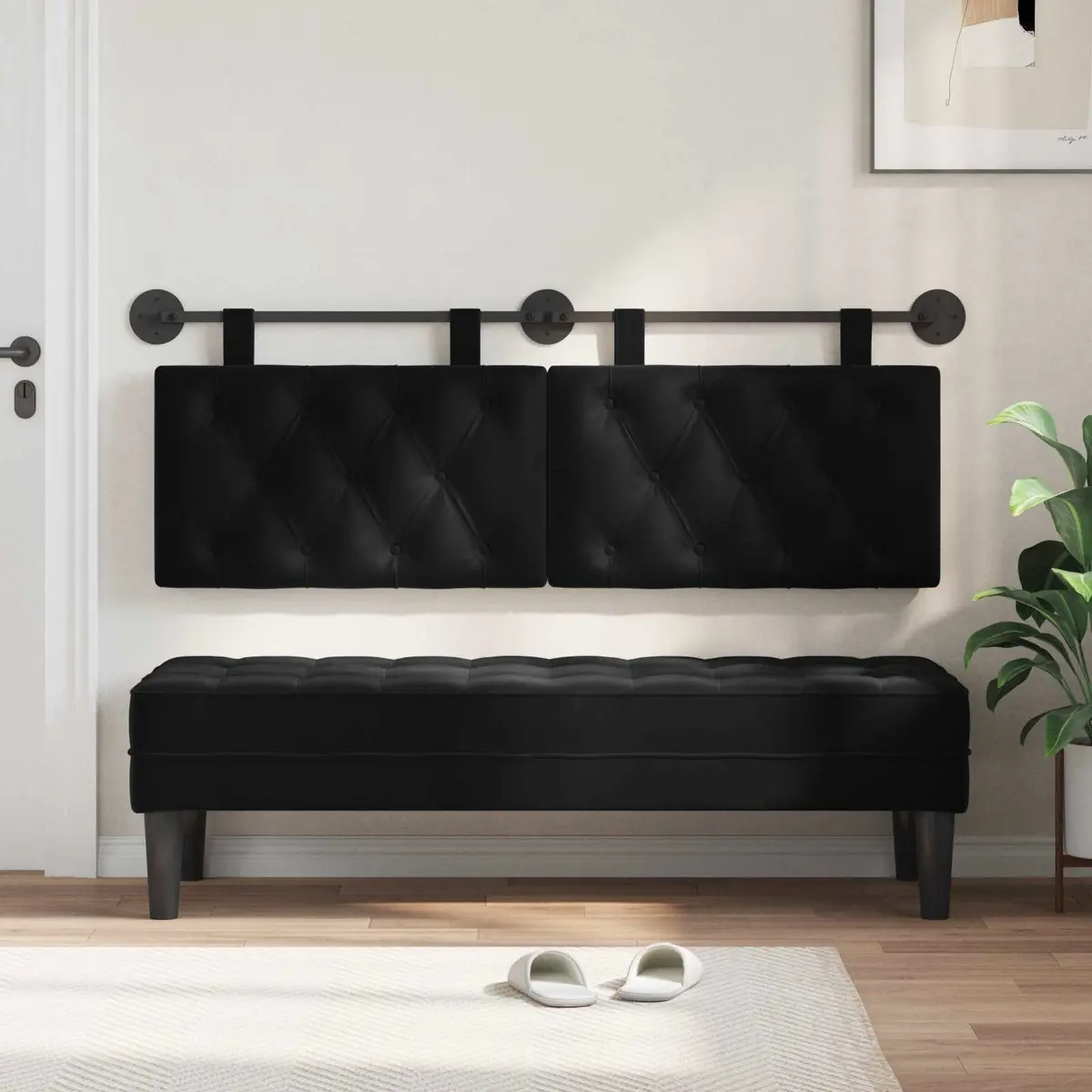 Hanging Headboard LED Light Black Velvet Button Tufted Modern