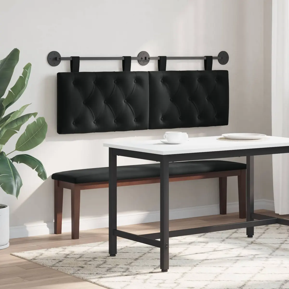 Hanging Headboard LED Light Black Velvet Button Tufted Modern