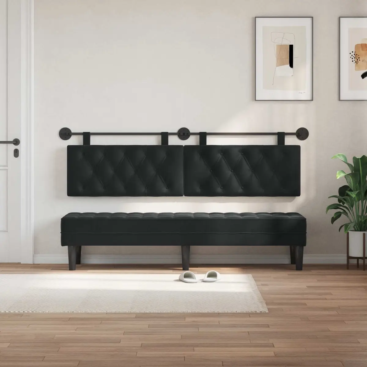 Hanging Headboard with LED Light Black Velvet Button Tufted Modern Wall Bedroom