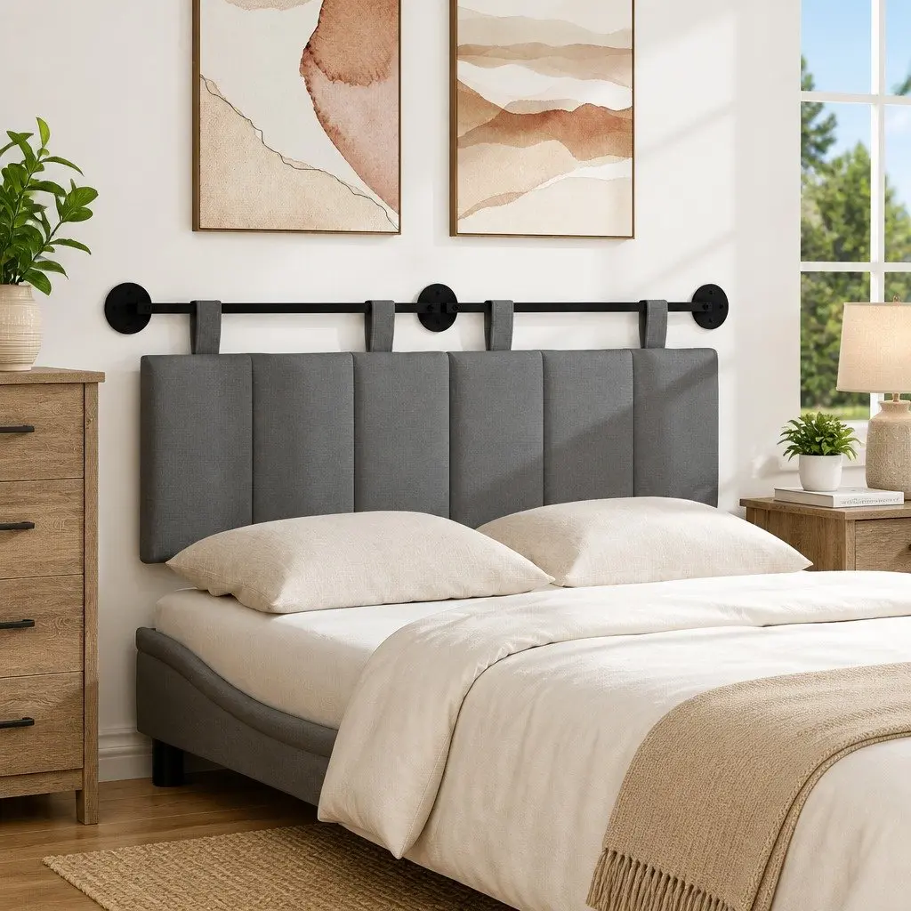 Hanging Headboard Upholstered Fabric Dark Grey Wall-Mounted