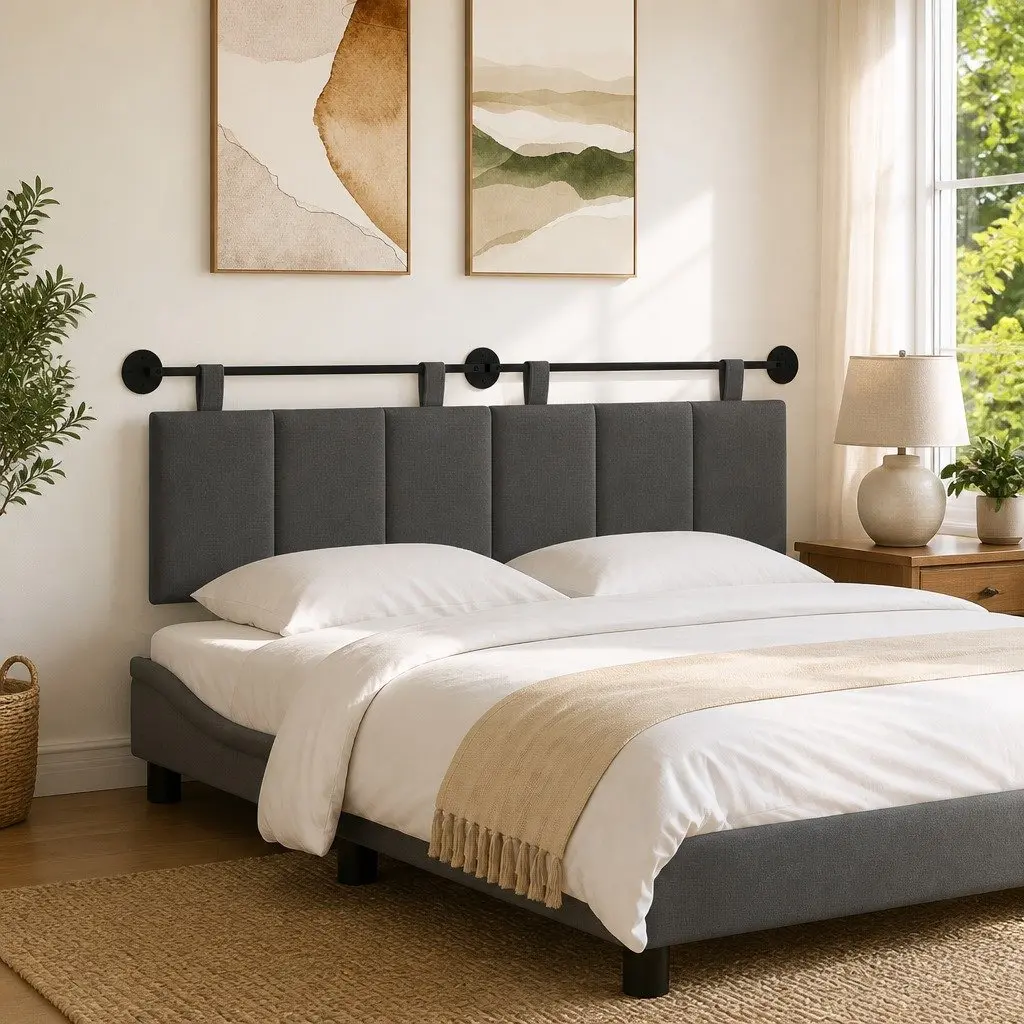 Hanging Headboard Modern Upholstered Fabric Wall Mounted Dark Grey Stripes