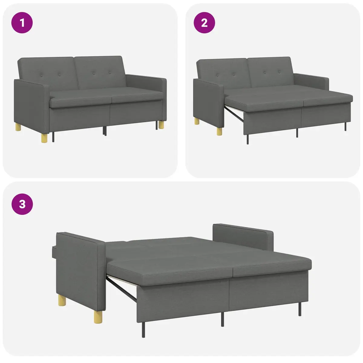 Pull Out Sofa Bed Dark Grey Fabric Adjustable Backrest Foldable Legs Modern