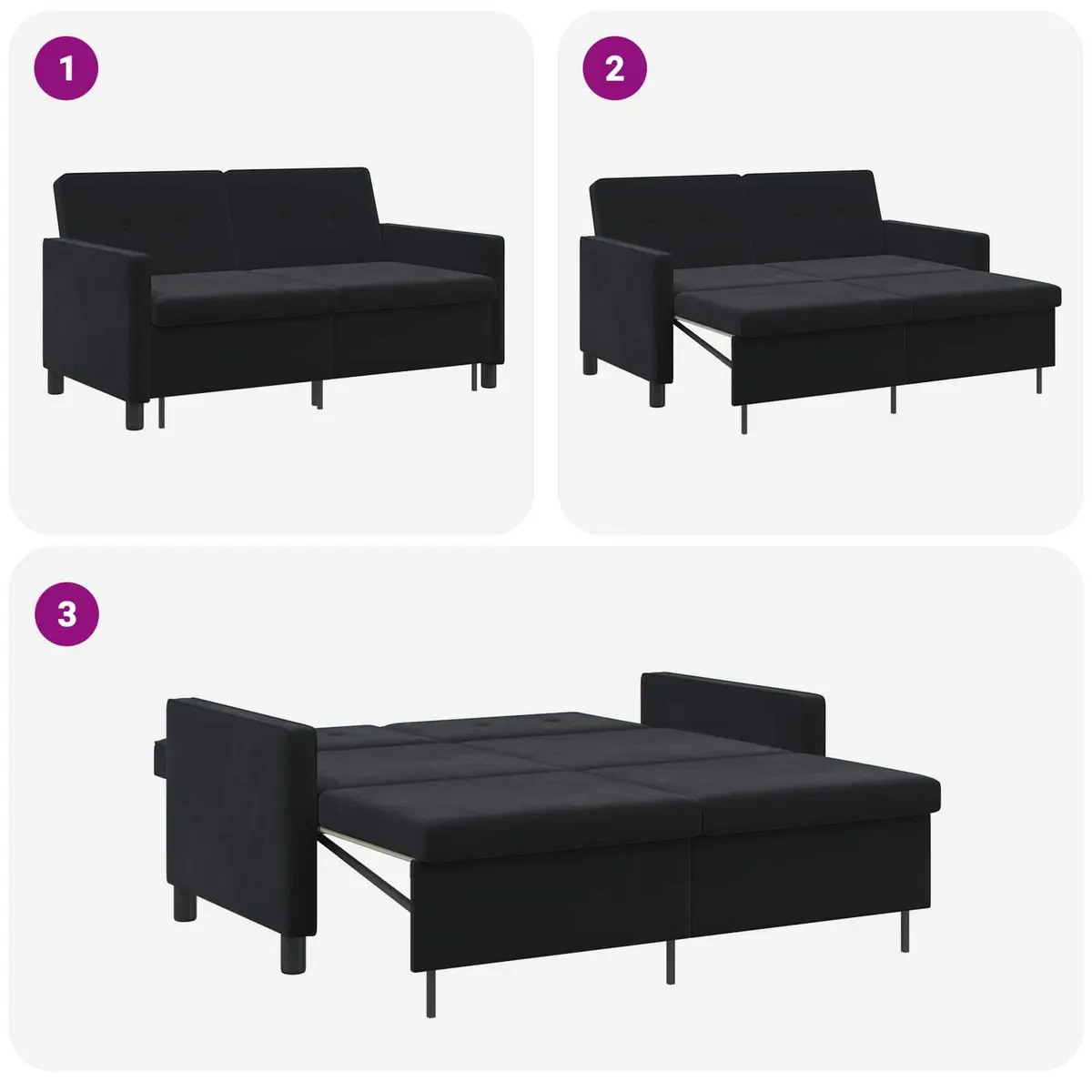 Sofa Bed Black Fabric Adjustable Backrest Pull-Out Lounge Seating Compact Modern