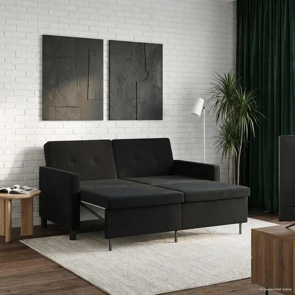 Sofa Bed Black Fabric Adjustable Backrest Pull-Out Lounge Seating Compact Modern
