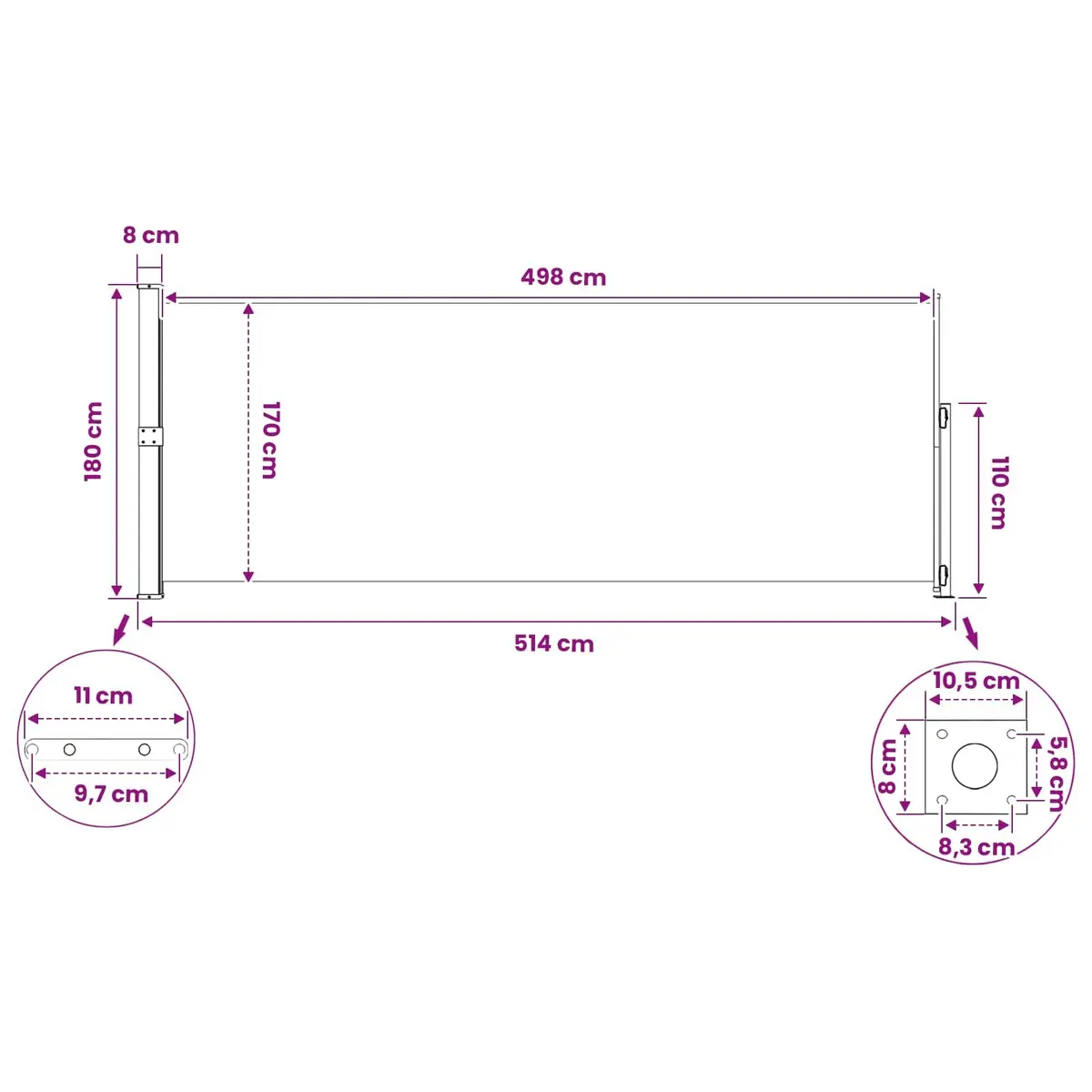 Retractable Side Awning Outdoor Garden Patio Shade Privacy Screen 180 x 500 cm