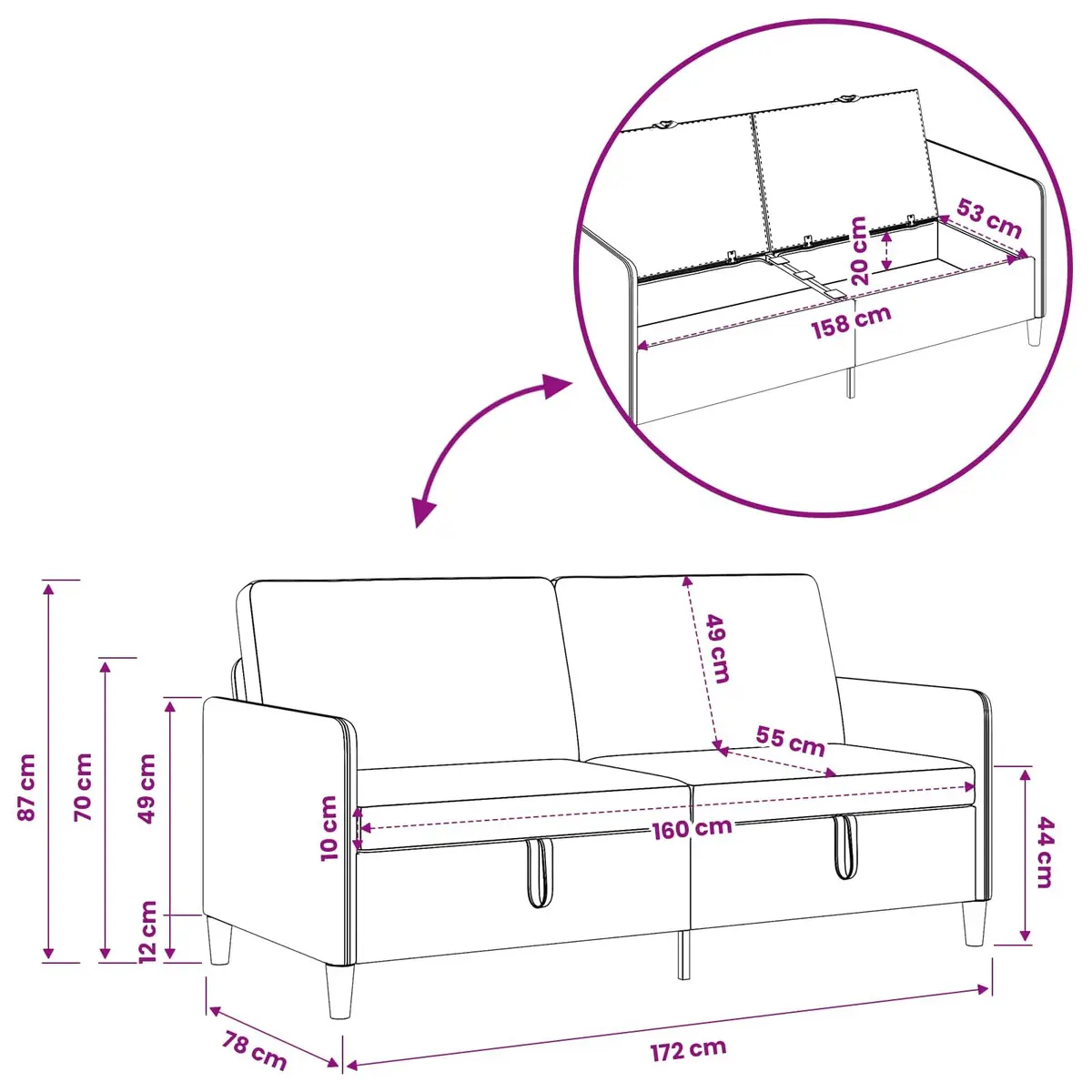 Storage Sofa Black Modern Lift-Up Seat Furniture Living Room Couch 172x78x87cm