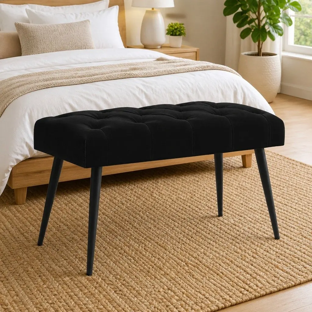 Button Tufted Bench Black Velvet Seat Foam Cushion Engineered Wood Frame