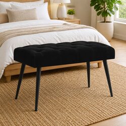Button Tufted Bench Black Velvet Seat Foam Cushion Engineered Wood Frame