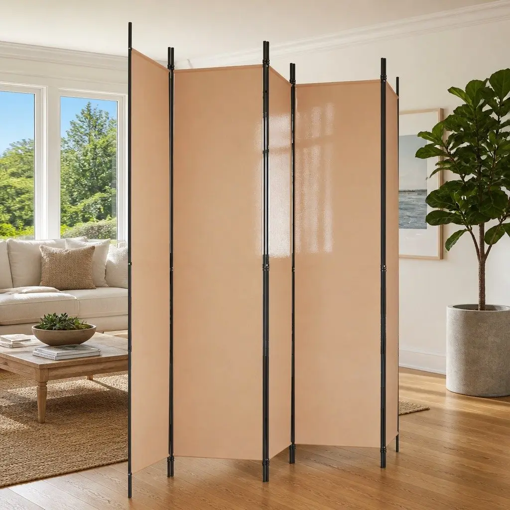 5-Panel Room Divider Beige Folding Privacy Screen 250 x 220 cm Fabric Partition
