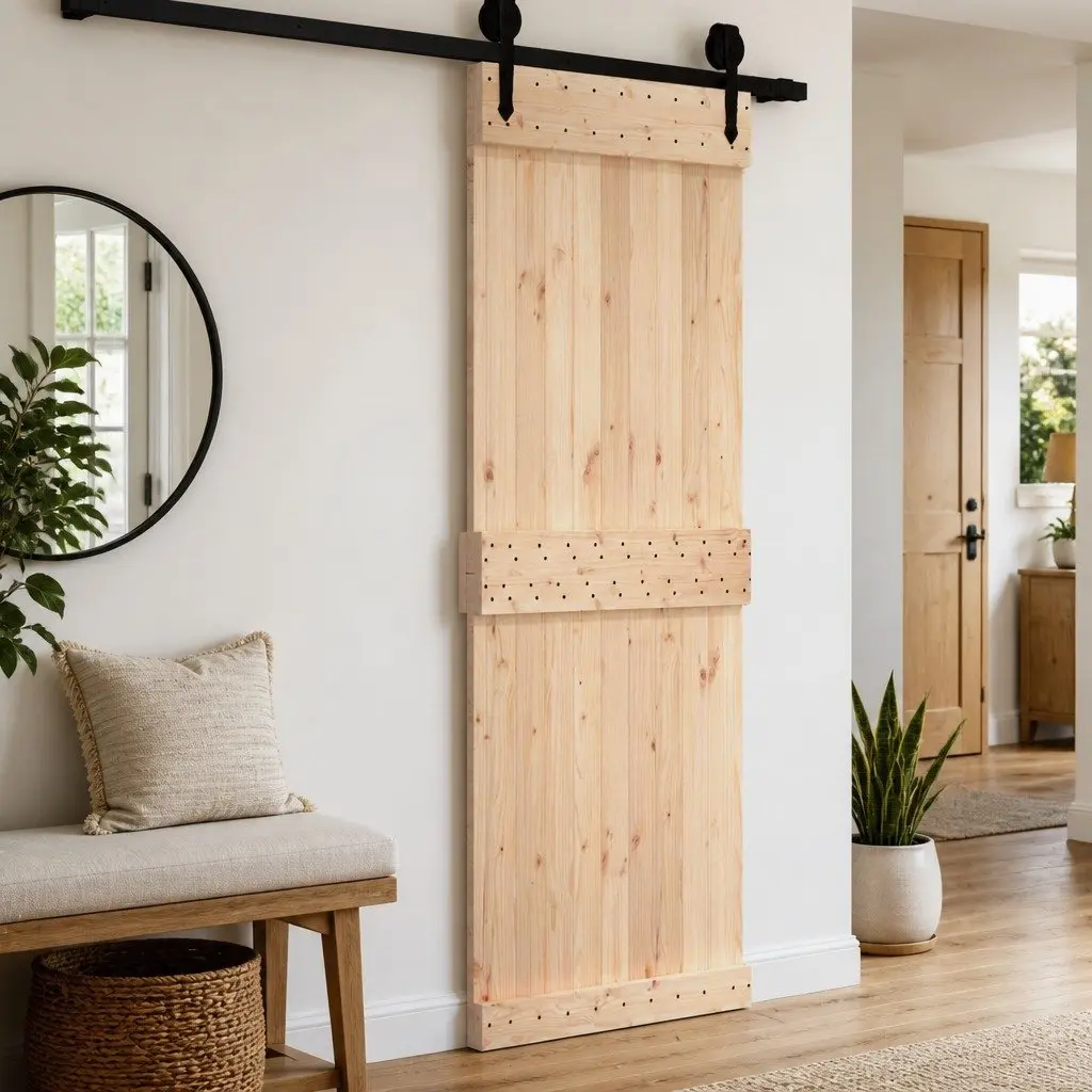 Pine Wood Door Minimalist Style 210cm Height 85cm Width Natural Brown Finish