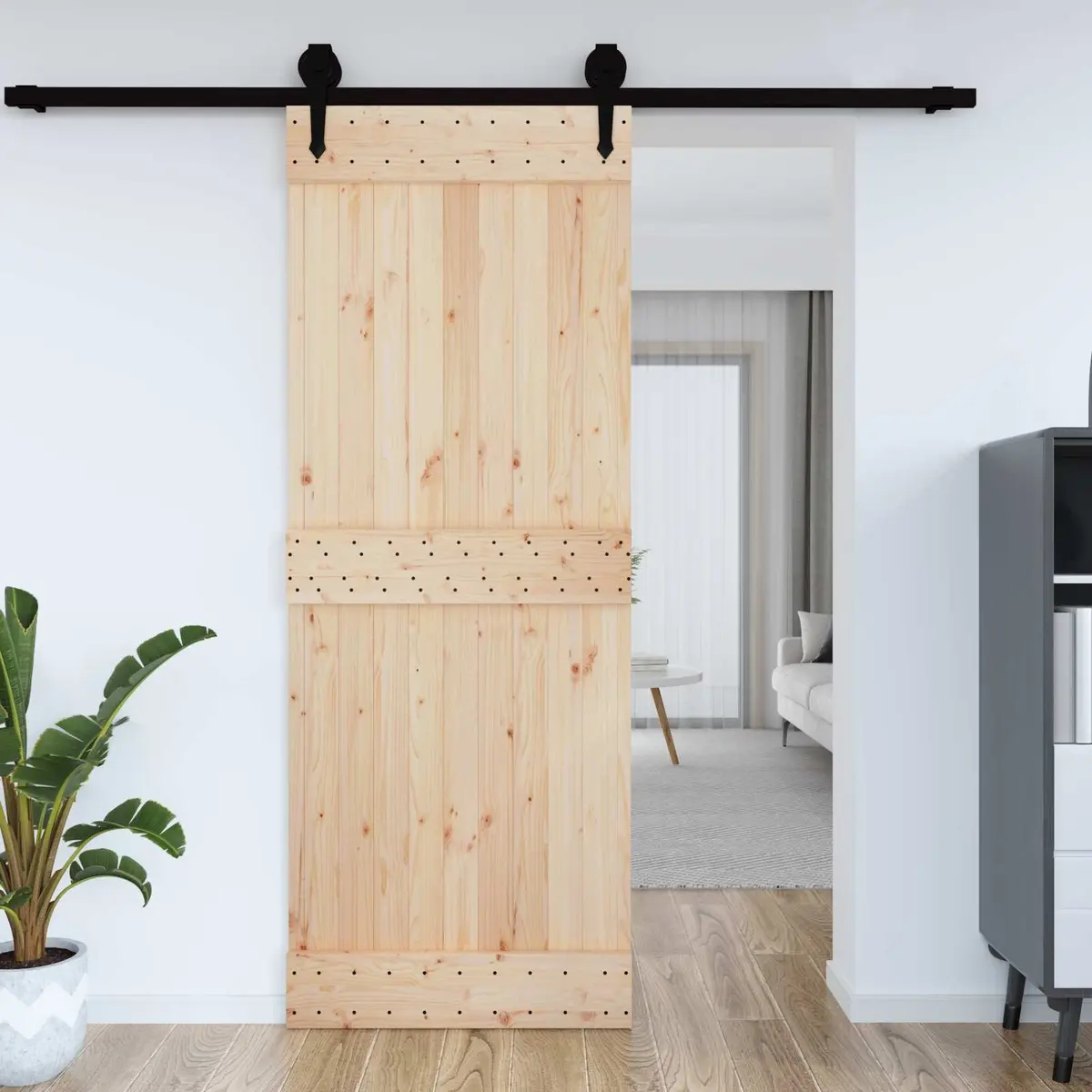 Pine Wood Door Minimalist Style 210cm Height 85cm Width Natural Brown Finish
