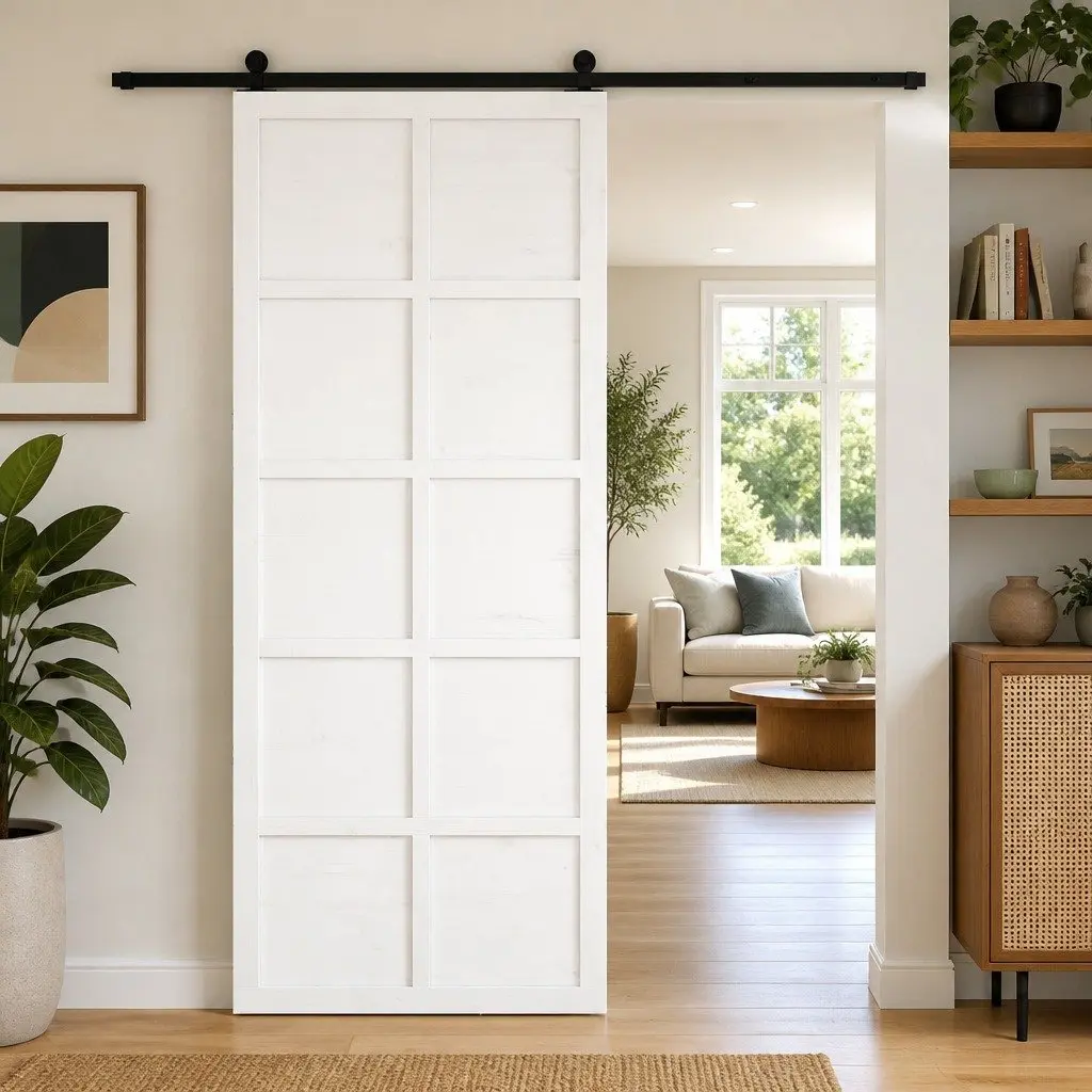 Solid Pine Wood Barn Door White Sliding 90 x 208 cm Space Saving Interior