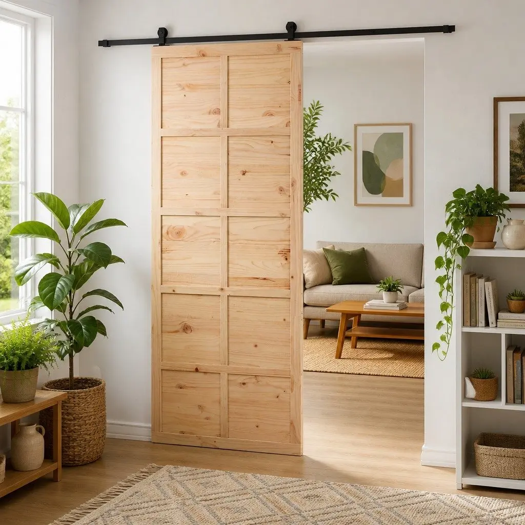 Barn Door Sliding Solid Pine Wood Rustic Space-Saving 80cm Natural
