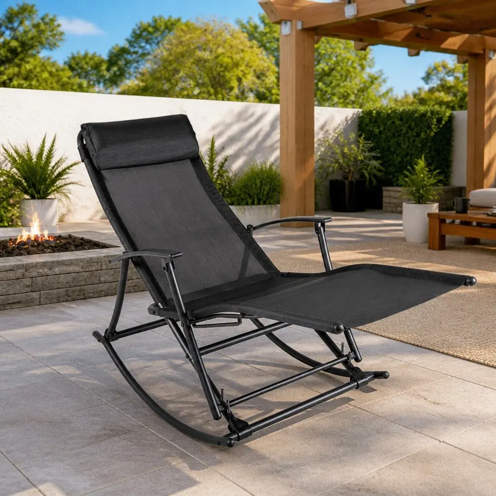 Outdoor Rocking Chair Black Steel Textilene Foldable