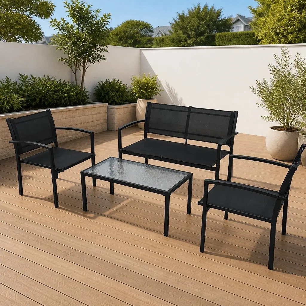 Outdoor Lounge Set Black Powder Coated Steel Frame 4 Piece with Chairs Bench Coffee Table