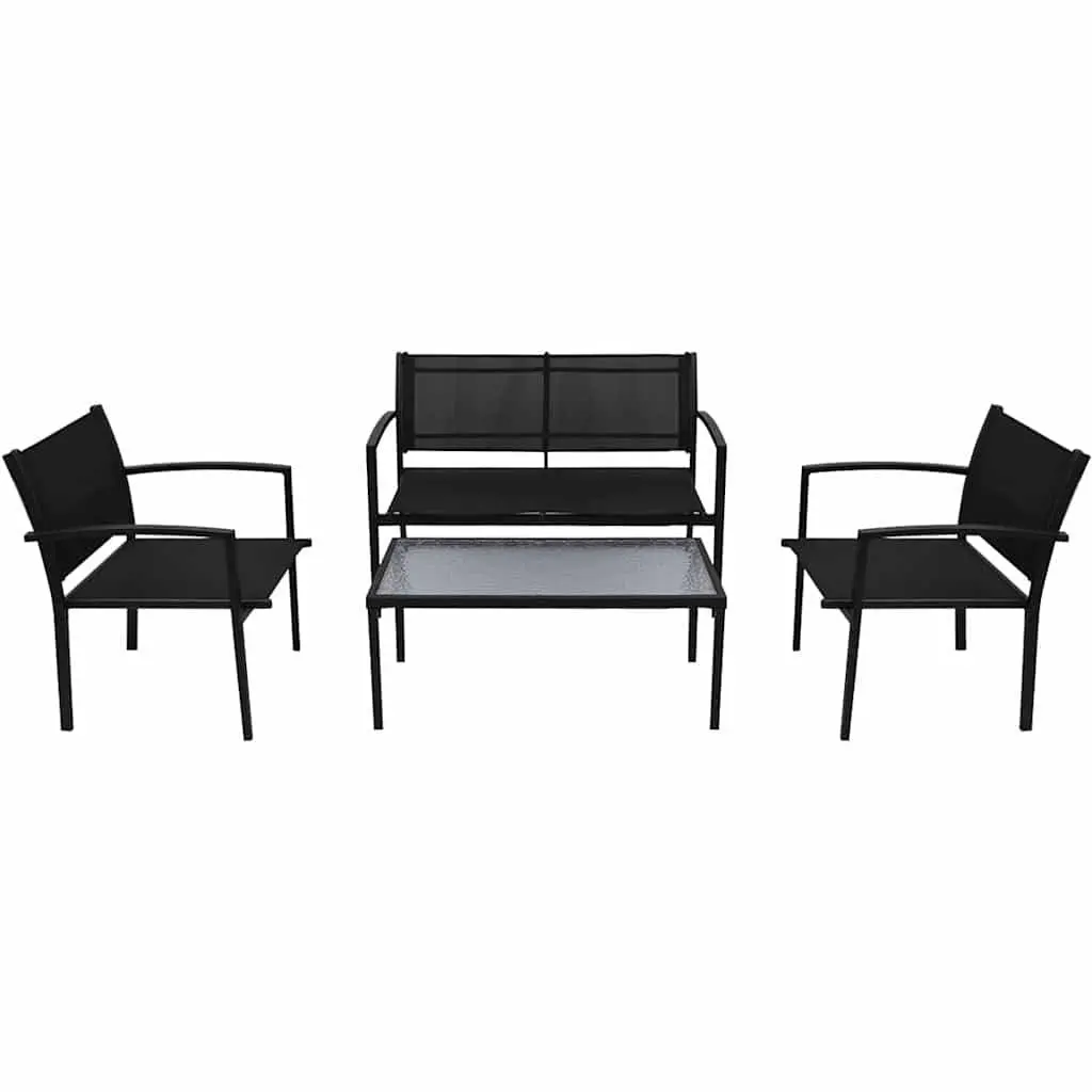Outdoor Lounge Set Black Powder Coated Steel Frame 4 Piece with Chairs Bench Coffee Table